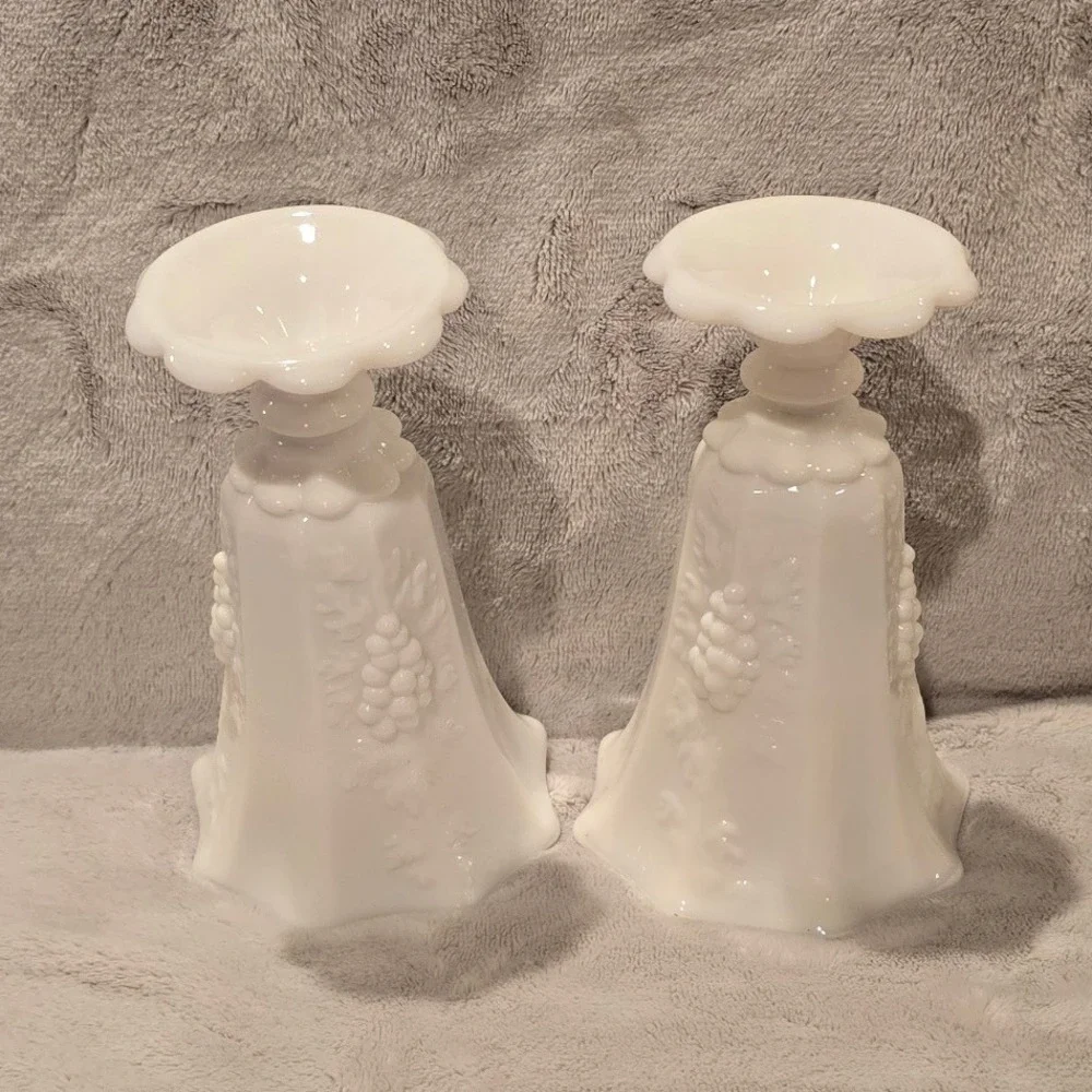 Vintage Westmoreland Milk Glass Beaded Grape Scalloped Footed Bud Vases Set of 2